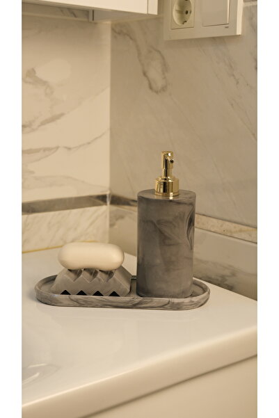 BeeCandleHome Gri Mermer Desenli 3'lü Banyo Seti - Gold Renk Pompa