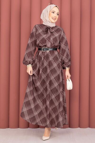 EBRUTESETTÜR Plaid Pattern Gathered Waist Hijab Dress Coffee