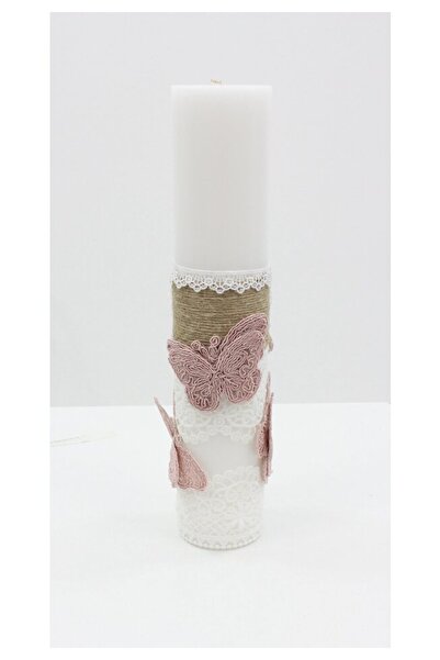 PRICHINDEL Lumânare de botez, clasica, fluture, albă cu roz, 30 cm