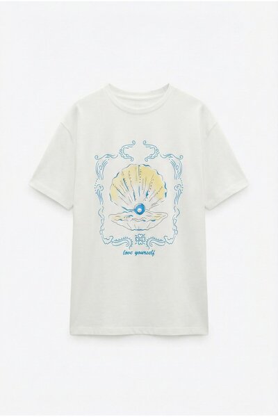Quzu Printed Stone Detailed T-Shirt Ecru