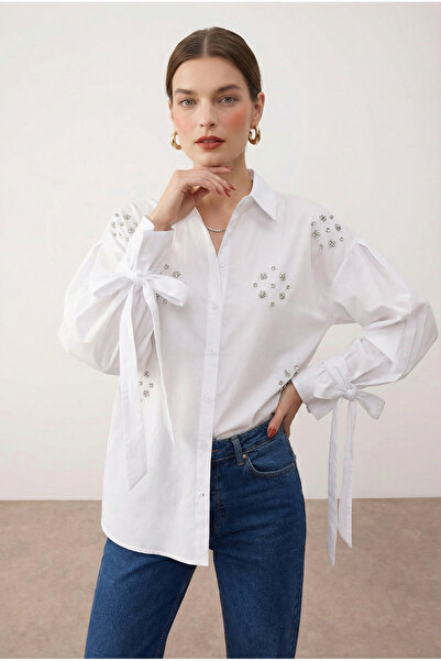 Purpleclo Kadın Kol Detaylı Taşlı Beyaz Boyfriend Gömlek (Tunik Gömlek)