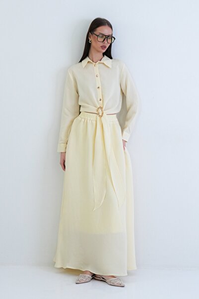VAGGON Buckle Detailed Shirt and Elastic Waist Skirt Set
