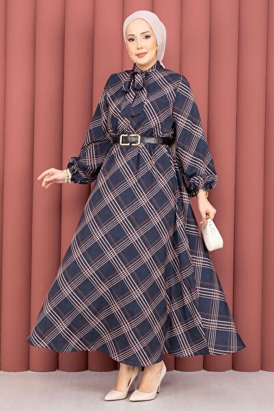 EBRUTESETTÜR فستان محتشم بنقشة منقوشة وخصر مطاطي باللون الأزرق الداكن