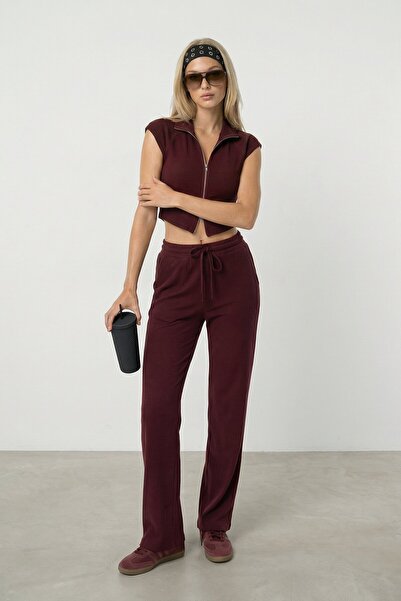 VAGGON Zippered Crop Cardigan and Elastic Sweatpants Set