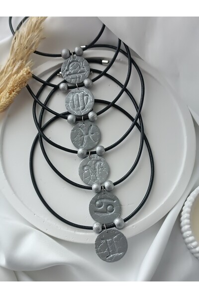 La fee aksesuar Gri Burç Kolye Choker Tasma Kadın Kolye El Yapımı Gümüş Renk