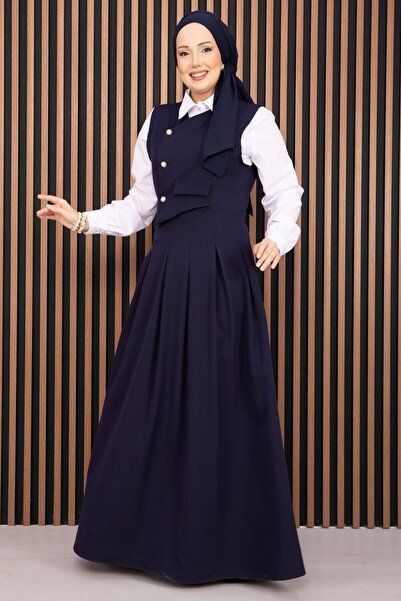 Asm Pile Detailed Shirted Gilet Suit Navy Blue