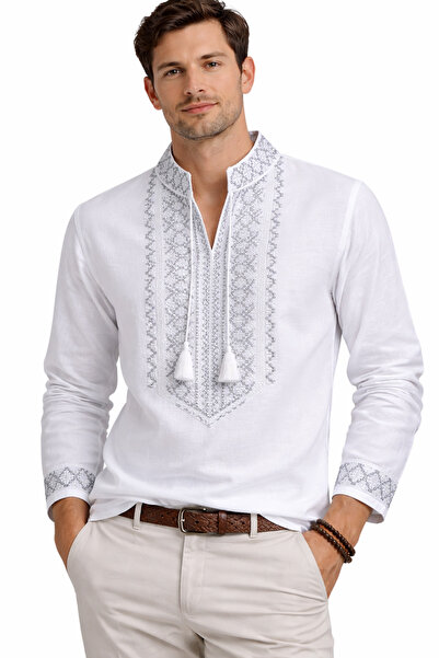 Nobrand Traditional men's white shirt with silver embroidery, premium traditi...