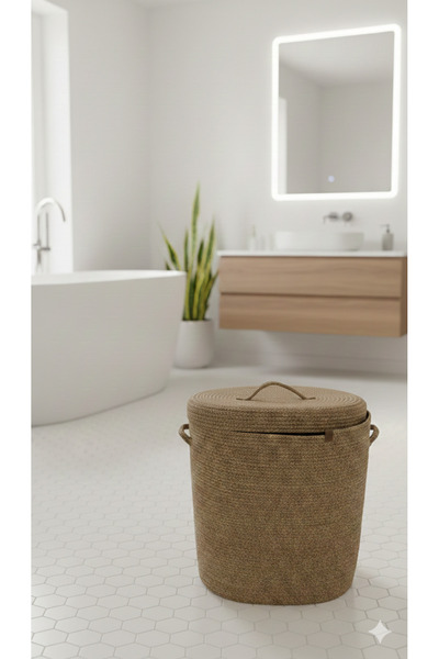 SURENO Οβάλ καλάθι ρούχων με καλύμματα από ψάθα γιούτας, καλάθι για βρώμικα ρ...