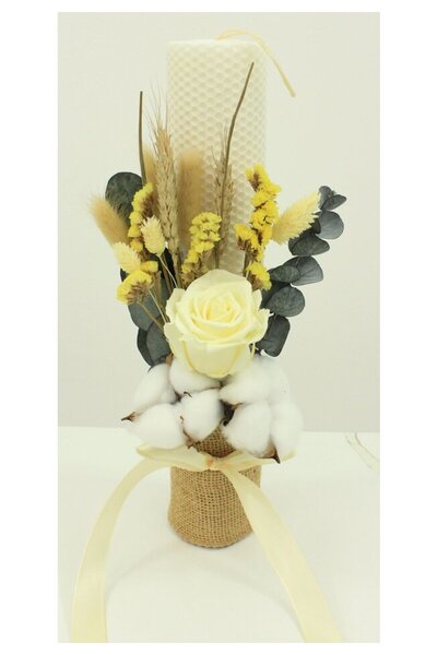 PRICHINDEL Lumânare de botez, tip fagure, ceară, cu trandafir, albă, 32 cm