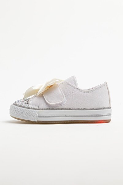 Pabuçland İç Tabanı Ortopedik Kız Çocuk Günlük Taşlı Fiyonklu Işıklı Spor Babet