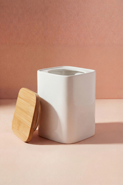 GÖNÜL Bambu Kapaklı Porselen Kavanoz 10,2x10,2x14,7 cm – Çok Amaçlı Saklama Kabı
