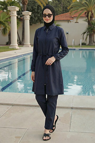 armonika 2-Piece Set (Top-Bottom) Tie-Waist Shirt Collar Zippered Burkini Qui...
