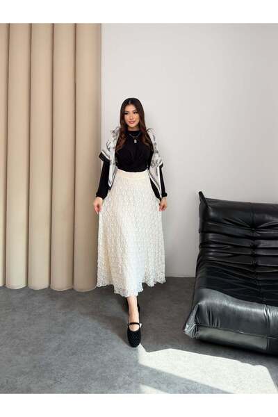 Hatun Atila White Elastic Waist A-Line Openwork Lined Flared Lace Skirt 5279