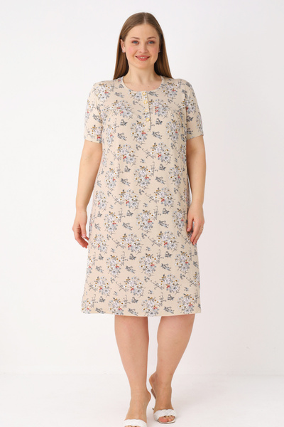 İntensive Women's Plus Size Patterned Buttoned Lycra Short Sleeve Nightgown