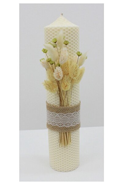 PRICHINDEL Lumânare de botez, ceară de albine, tip fagure, cu dantelă, fildeș...