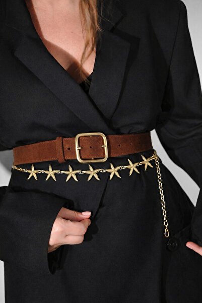 CSR AKSESUAR 2 Pieces of Gold Chain Belt with Starfish Figures and Tan Suede ...