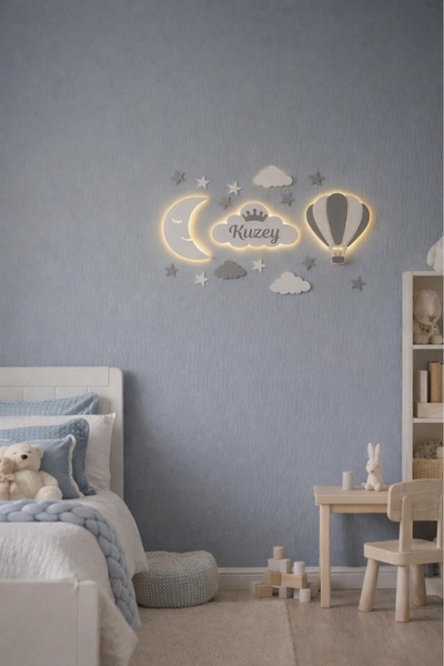 Windly Concept Kişiye Özel İsimli LED Çocuk Odası Duvar Dekoru – Ay Bulut Bal...