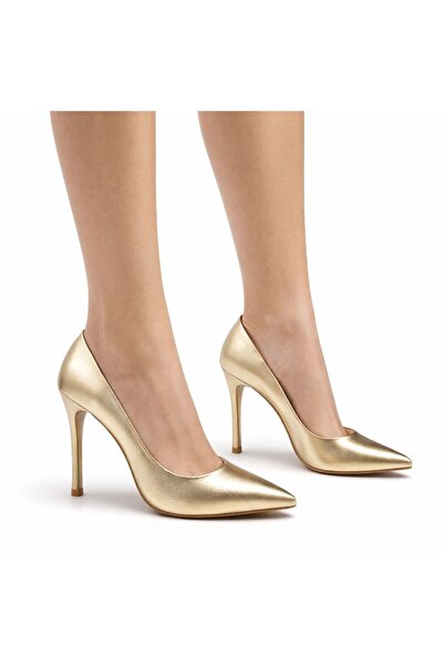 Ajax Kadın Gold Sivri Burun Stiletto 10 Cm İnce Topuk Klasik Şık Ayakkabı