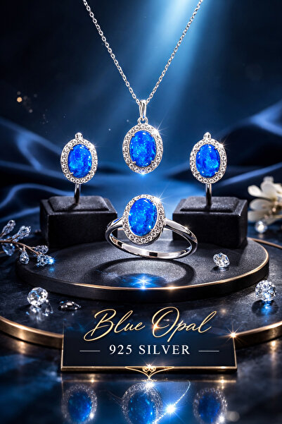 OPAL 925 Ayar Gümüş Blue Taşlı Oval Set (Küpe • Kolye • Yüzük)