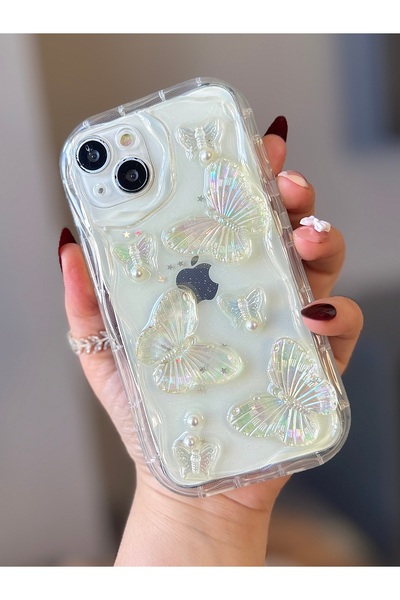 MİRAZ TASARIM iPhone 13 3D Epoxy Butterfly Transparent Case