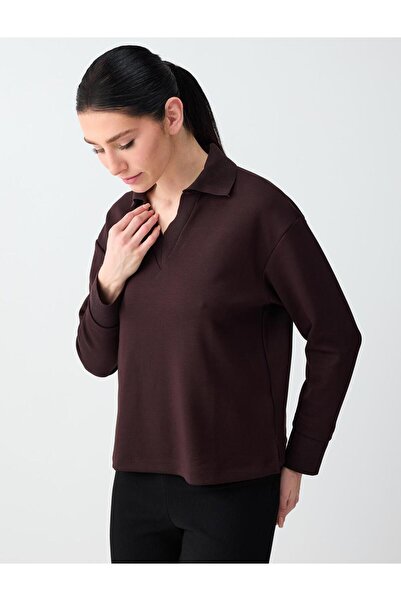 Jimmy Key Bitter Brown Polo Collar Long Sleeve Modal Knitted Sweatshirt