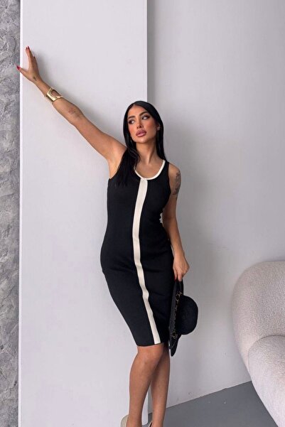 Auroveen Halet Collar White Stripe Detailed Knitwear Dress Av2015