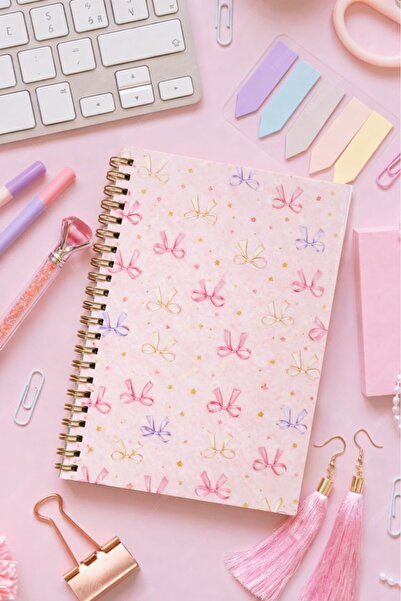 NİORE A5 Spiral Notebook with Bowknot Cover and Ribbon Cover, 120 Pages