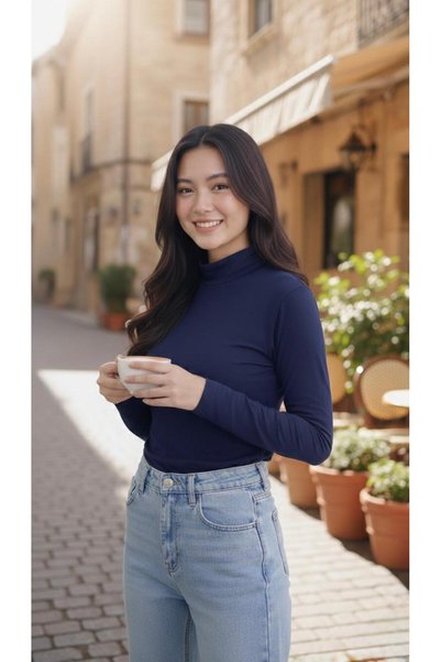 THEBEK Women's High-Necked Badi Super Quality Turtleneck in Navy Blue