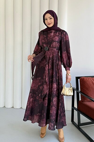 Modaensarbutik Toka Detaylı Saten Kumaş Tesettür Elbise-BORDO