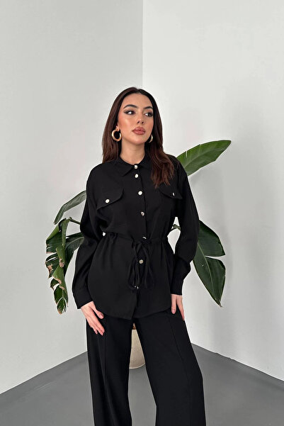 cemo Kadın Bel Büzgülü Düğmeli Gömlek ve Bol Paça Pantolon Takım