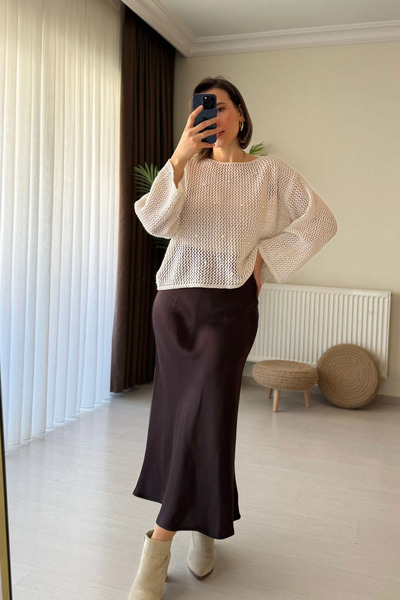 Kubos Moda Long Satin Waist Elasticated Brown Skirt