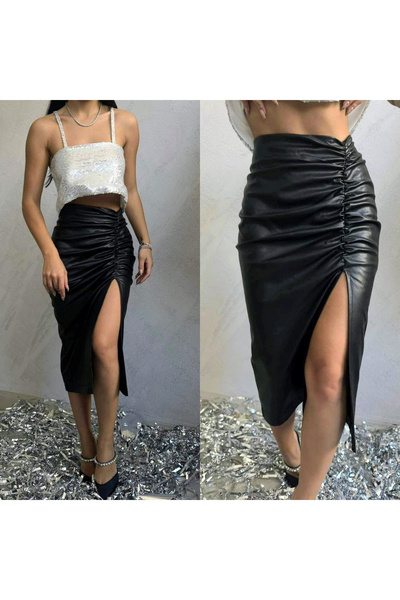 Mad Diva Leather Midi Skirt, Black