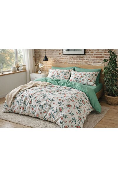 MyStory Home Double Duvet Cover Set with Elasticated Sheets Emerald Light Green