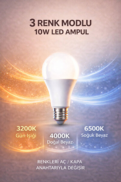 Edison 3 Renk Modlu 10W LED Ampul E27 Duy – Anahtarla Renk Değişen 3 Işık Tek...