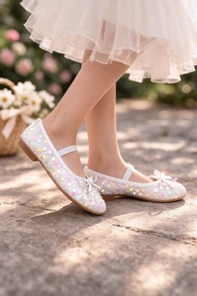 ALTUNTAŞ Kız Çocuk Babet Lastikli Pullu Fiyonklu Hafif Taban Babet Beyaz