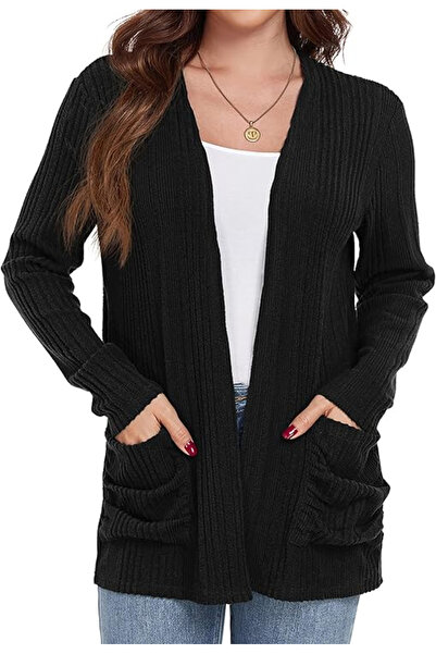 Grecerelle Women's long-sleeved loose knit cardigan, Black L