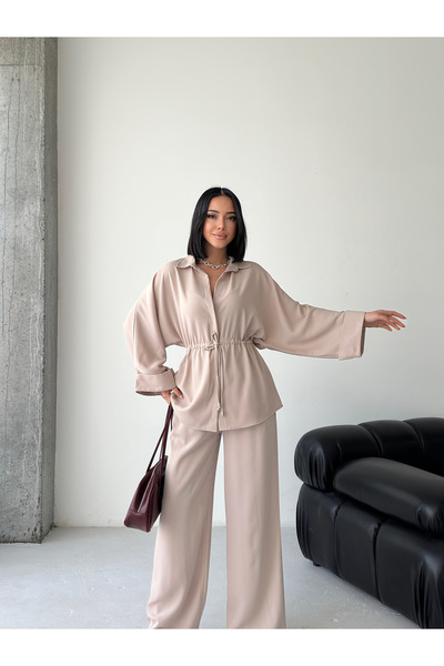 Eztila Waist-Tied, Drawstring Detailed Top and Bottom Shirt Set