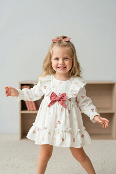 aysskids Scarlett Heart Patterned Ruffled Girls' Holiday Muslin Dress