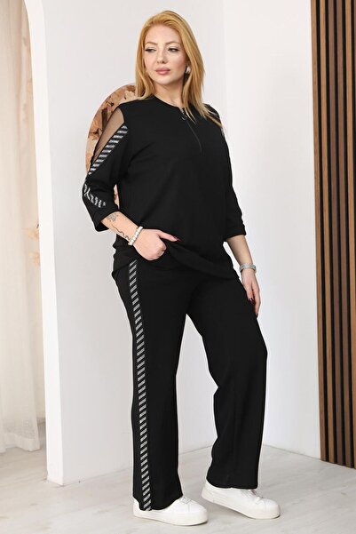 Siyezen Plus Size Tulle Detailed Shoulder Dress with Stones