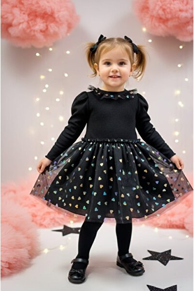 penu baby kids Rochie neagră pentru fetițe, cu mâneci lungi, cu inimioare și ...