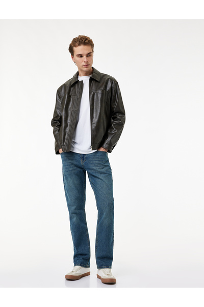 Koton Regular Fit Long Sleeve Pocketed Shirt Collar Zippered Faux Leather Jacket