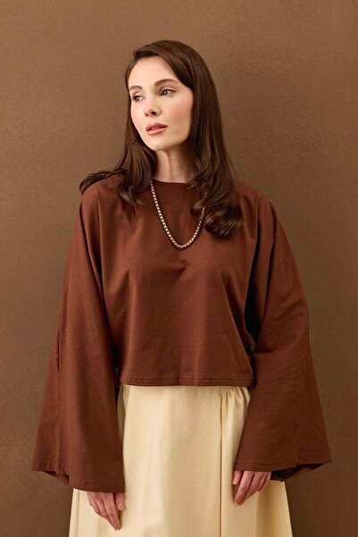 Ceylan Otantik Bitter Brown Single Jersey Bat Sleeve Crop