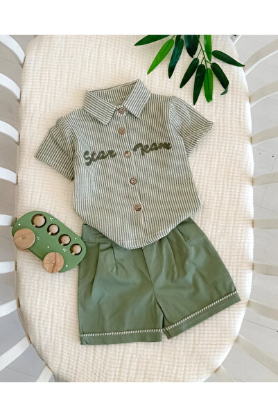 hümabebe طقم صيفي من قطعتين من قماش الجبردين المطرز بنجوم مع أزرار خشبية