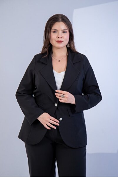 Roxxlen Plus Size Women's Button Detailed 2-Piece Jacket-Pants Set Black