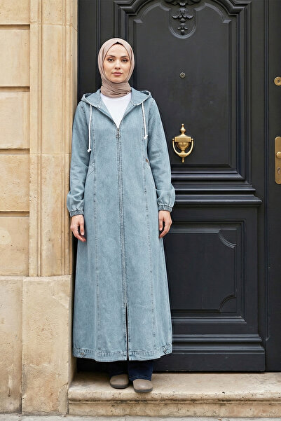 MODAQU Zippered Hooded Pocket Denim Coat - Light Blue