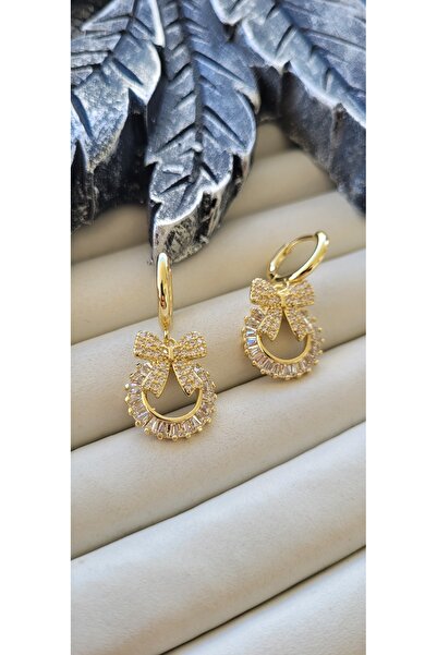 YİĞİTKARANAKSESUAR Steel Gold Color Zircon Stone Bow Model Earrings