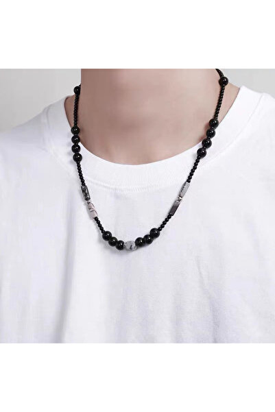 Tessero Men's Ethnic Black & Grey Necklace - Onyx Beads and Natural Stone Ele...
