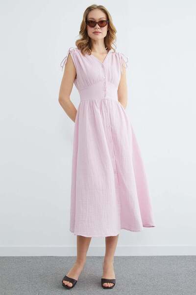 Fulla Moda Shoulder Tie Buttoned Muslin Dress