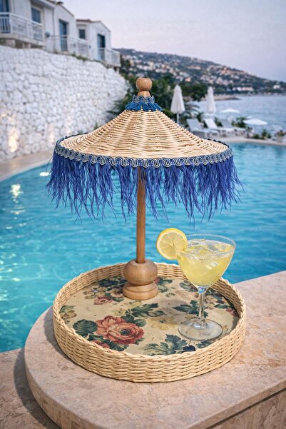 Rosina Alaçatı Mavi Konsept 45 Cm Bali Şemsiyesi Kaliteli Rattan Modern Dizayn