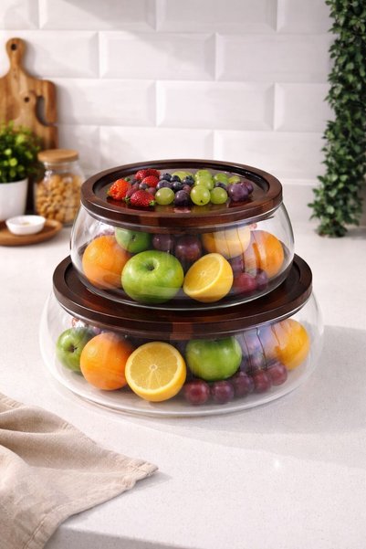 morponi 2-Piece Borosilicate Glass Luxury Glass Bowl with Acacia Lid - Presentation Bowl - Salad Bowl 18 cm - 22 cm
